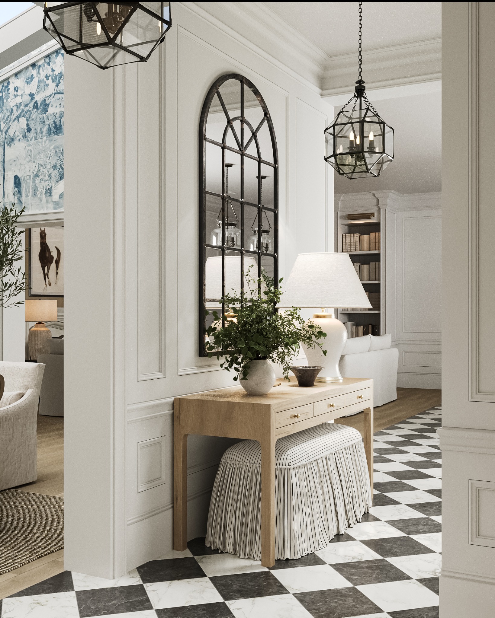 Elegancki hol z konsolą, lustrem w stylu industrialnym i wzorzystą podłogą. Lampa stołowa i rośliny dodają przytulności. Widok na salon z obrazem konia.