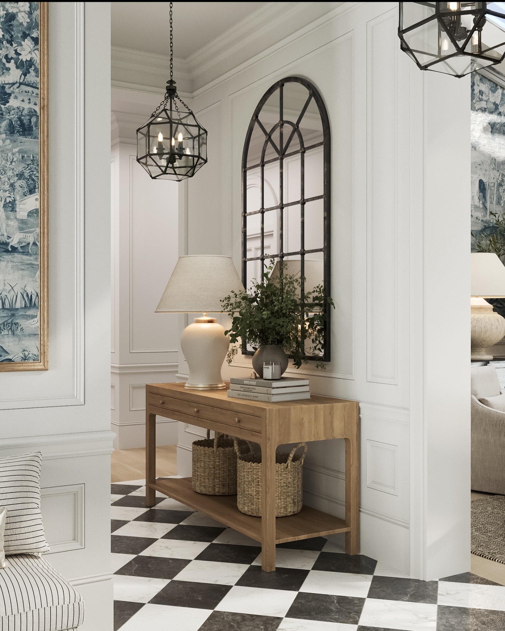 Elegancki hol w Tychach: konsola z lampą i dekoracjami, czarno-biała podłoga w szachownicę, lustro w stylu industrialnym i designerska lampa wisząca.