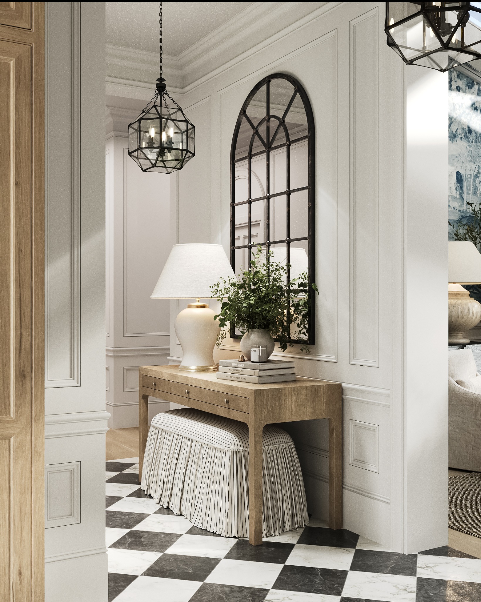 Elegancki przedpokój z konsolą, lampą i lustrem w czarnej ramie. Podłoga w biało-czarną szachownicę, dekoracyjne listwy ścienne. Widoczny fragment drzwi i lampy wiszącej.