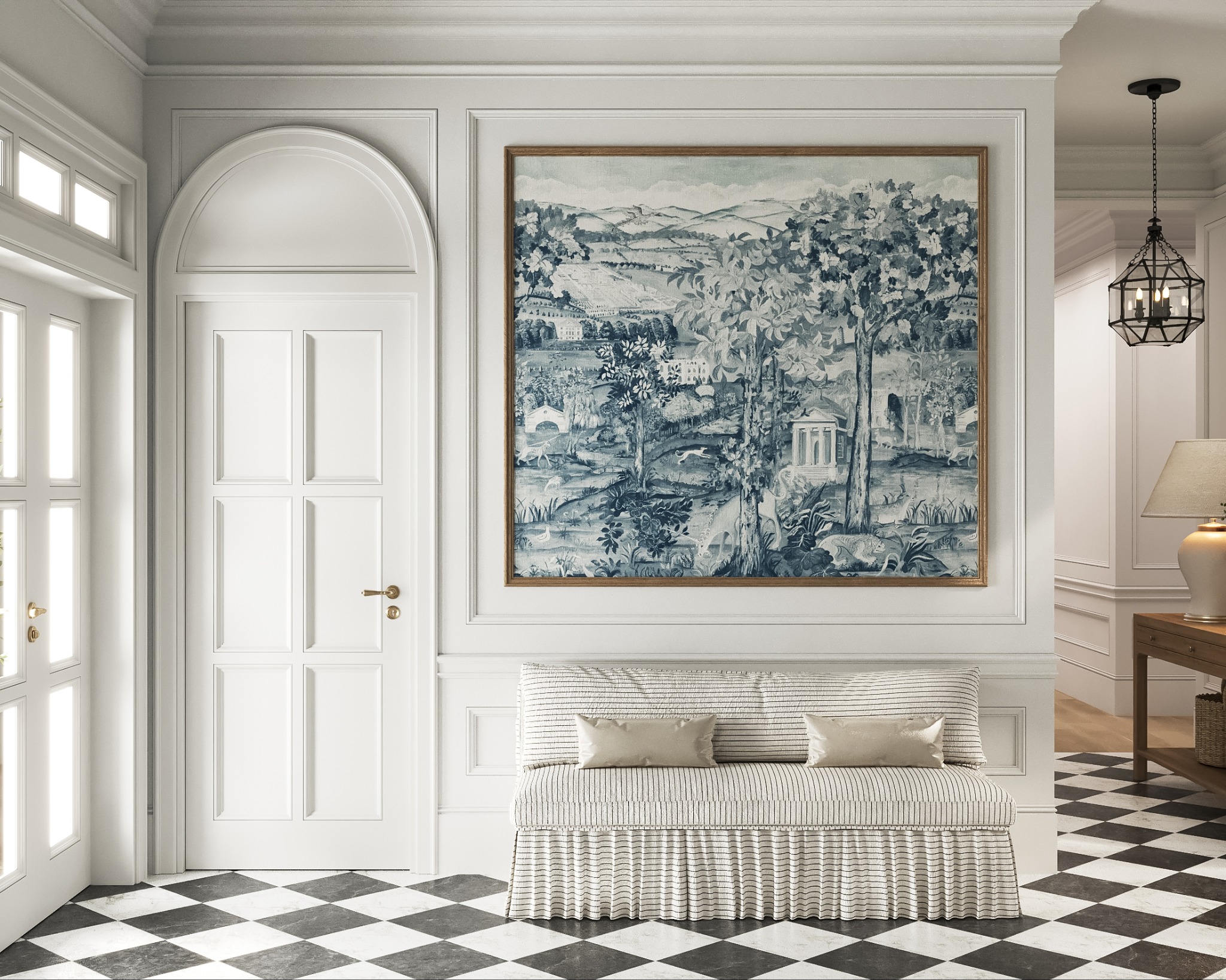 Elegancki hol z czarno-białą podłogą w szachownicę, białą boazerią i tapetą w stylu retro nad ławką. Drzwi z łukiem i dekoracyjna lampa dodają uroku.