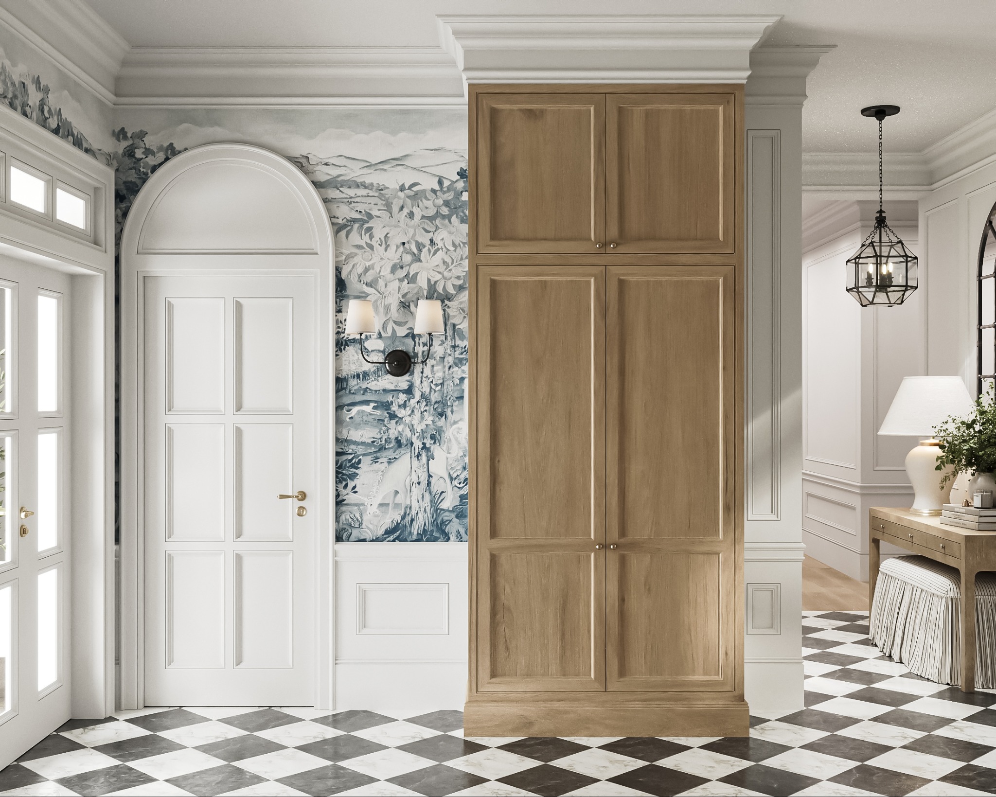 Elegancki hol z szafą w zabudowie, tapetą w stylu chinoiserie i czarno-białą podłogą. Klasyczne drzwi z łukowym nadprożem, ozdobne listwy i lampy ścienne.