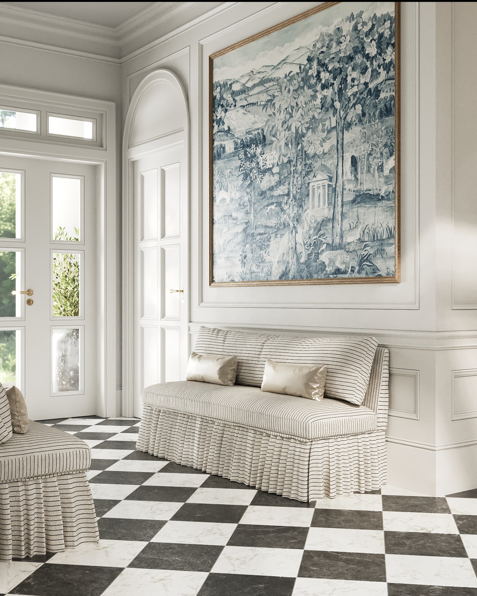 Eleganckie wnętrze: fotel i sofa w paski, szachownica na podłodze, obraz z pejzażem. Klasyczny design z nowoczesnym akcentem.