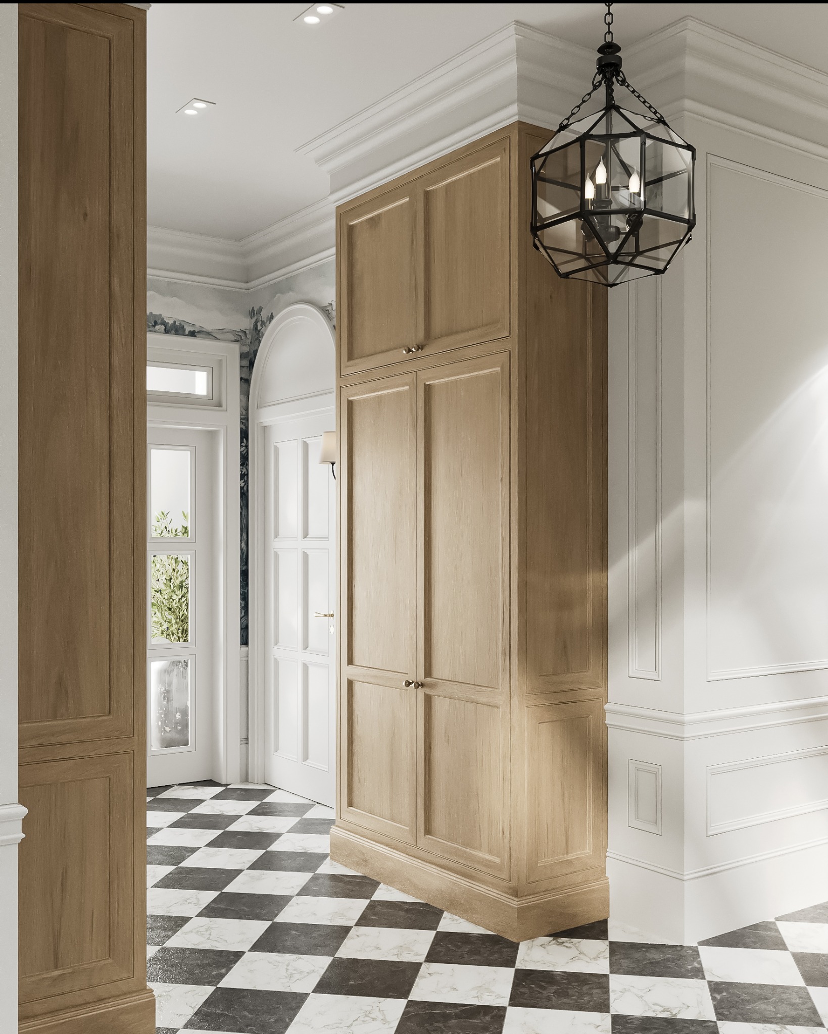 Elegancki hol z drewnianą szafą w zabudowie, czarno-białą podłogą w szachownicę i ozdobnym żyrandolem. Klasyczne wykończenie ścian i drzwi.