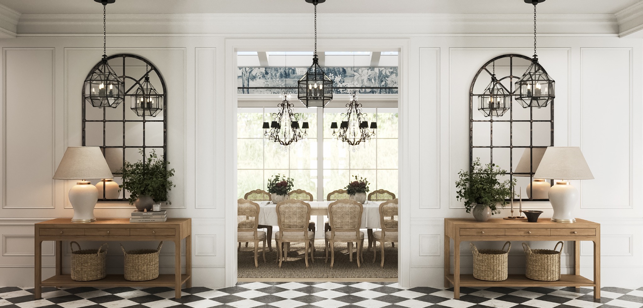 Elegancka jadalnia z czarno-białą podłogą, drewnianymi konsolami z lampami i lustrami w stylu industrialnym. W tle stół z krzesłami w stylu vintage i żyrandole.