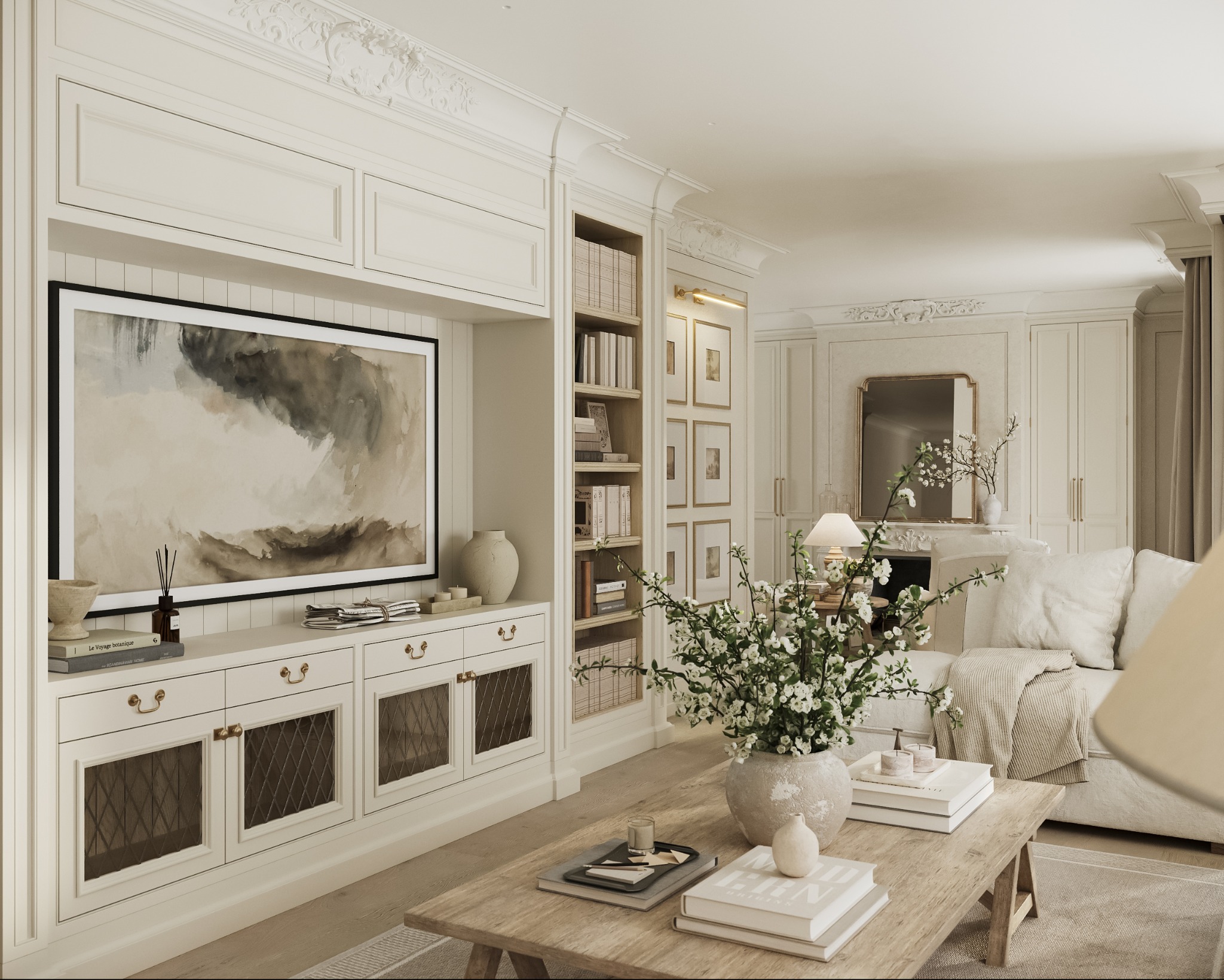 Jasne wnętrze salonu w stylu klasycznym z zabudową meblową, biblioteczką i obrazem. Na pierwszym planie drewniany stolik kawowy z dekoracjami.