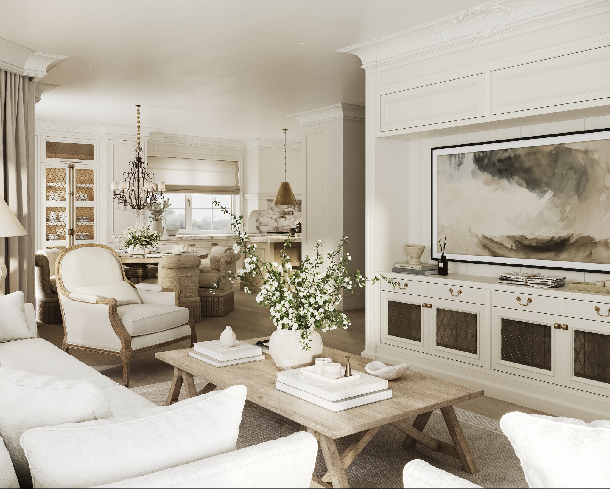 Jasne wnętrze salonu z drewnianym stolikiem kawowym, białymi kwiatami w wazonie i dekoracyjną komodą. W tle jadalnia z żyrandolem i marmurowym blatem.