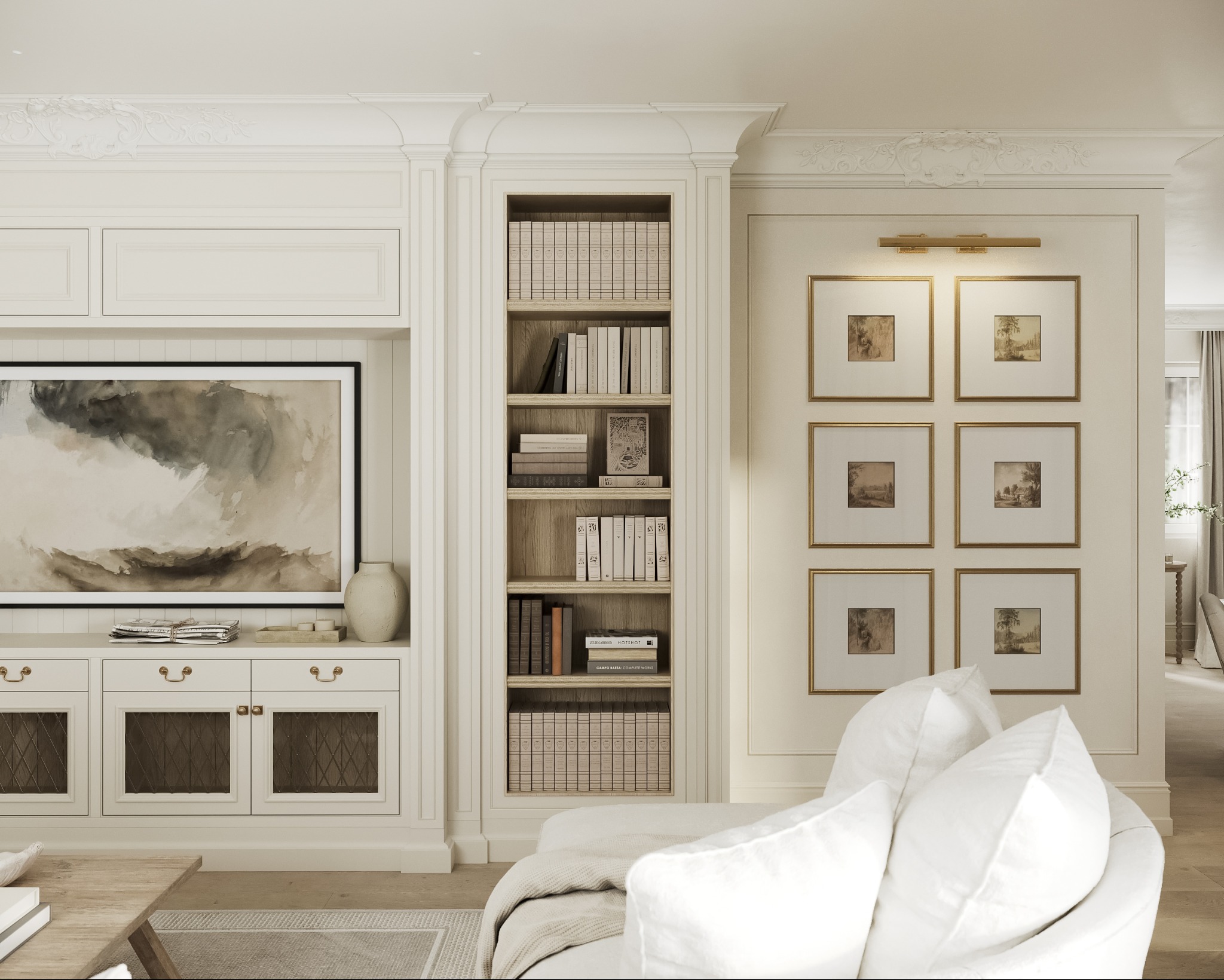 Elegancki salon z białymi meblami w stylu klasycznym: zabudowa z półkami na książki, komoda pod telewizor i dekoracyjne obrazy w złotych ramach.