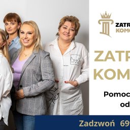 Interactive Studio - Baner reklamowy firmy prawniczej: zespół prawników na jasnym tle, logo firmy, hasło 'Zatrzymaj Komornika', oferta pomocy prawnej i numer telefonu kontaktowego.
