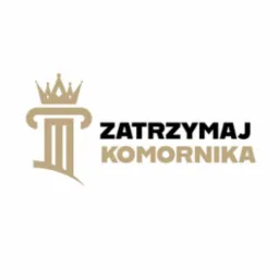 Eleganckie logo: złota kolumna z koroną i napis 'Zatrzymaj Komornika' na białym tle. Minimalistyczny styl, idealne dla firmy prawniczej.