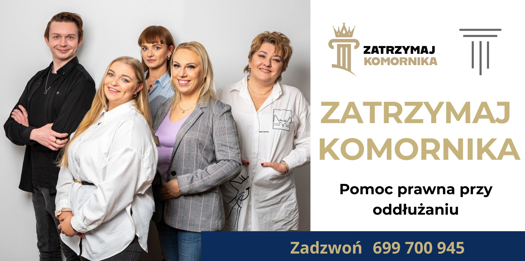 Baner reklamowy firmy prawniczej: zespół prawników na jasnym tle, logo firmy, hasło 'Zatrzymaj Komornika', oferta pomocy prawnej i numer telefonu kontaktowego.