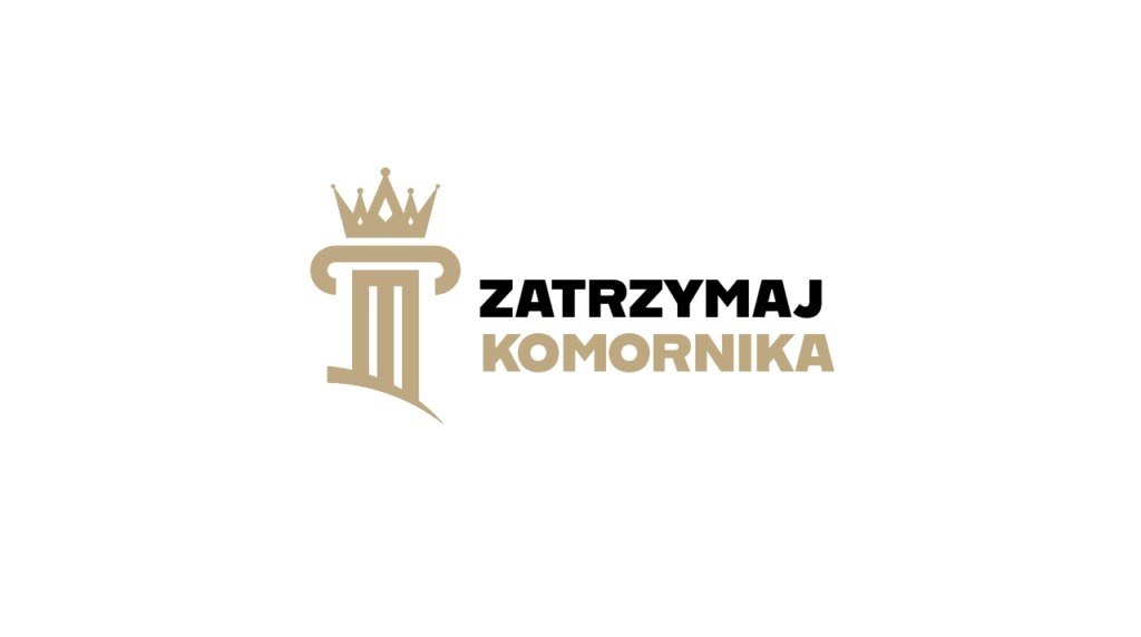 Eleganckie logo: złota kolumna z koroną i napis 'Zatrzymaj Komornika' na białym tle. Minimalistyczny styl, idealne dla firmy prawniczej.