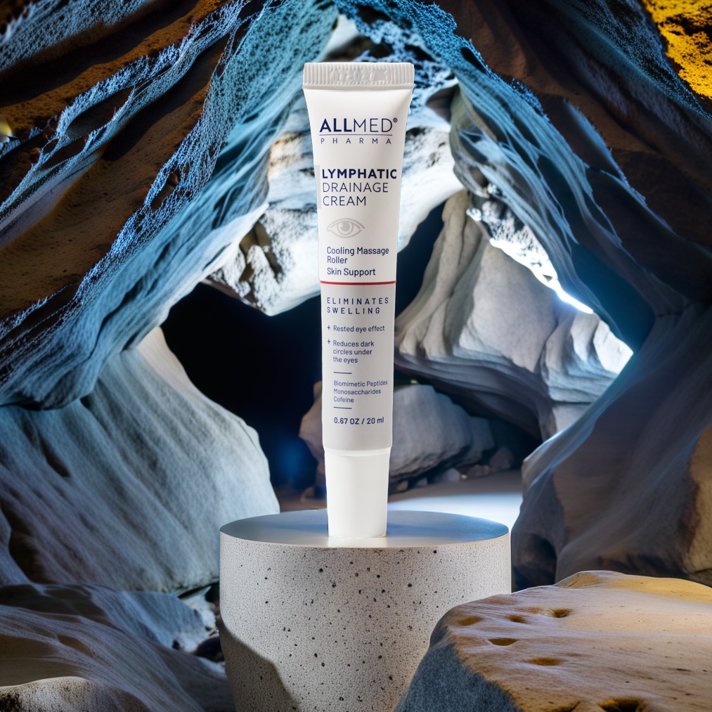 Krem Allmed Pharma Lymphatic Drainage Cream na postumencie z efektem skały, z tłem imitującym jaskinię, oświetlony ciepłym światłem, podkreślającym unikalną prezentację produktu.