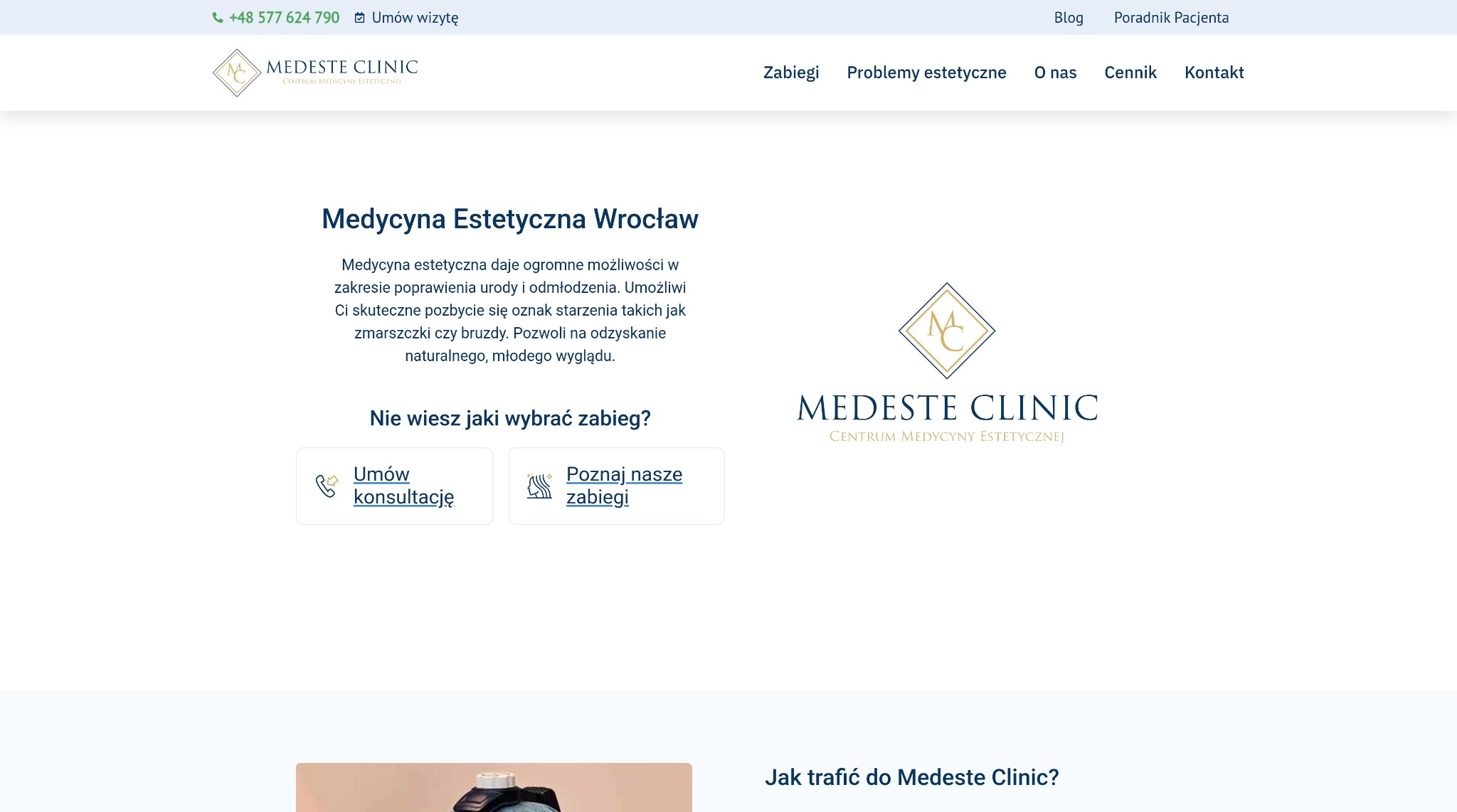 Strona internetowa Medeste Clinic z tekstem o medycynie estetycznej we Wrocławiu, logo i menu nawigacyjnym. Jasna kolorystyka, minimalistyczny design.