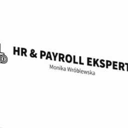 Logo firmy HR & Payroll Ekspert Monika Wróblewska z ikoną kalkulatora i monet na białym tle, prezentujące usługi kadrowe i płacowe.