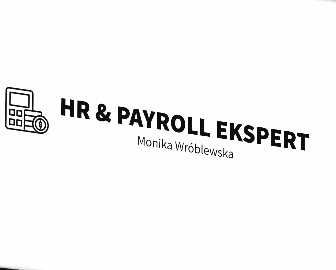 Logo firmy HR & Payroll Ekspert Monika Wróblewska z ikoną kalkulatora i monet na białym tle, prezentujące usługi kadrowe i płacowe.