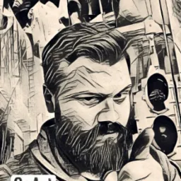 Stylizowany portret brodatego mężczyzny z uniesionym palcem wskazującym, przypominający szkic. W tle abstrakcyjne elementy, na dole logo GoArt.