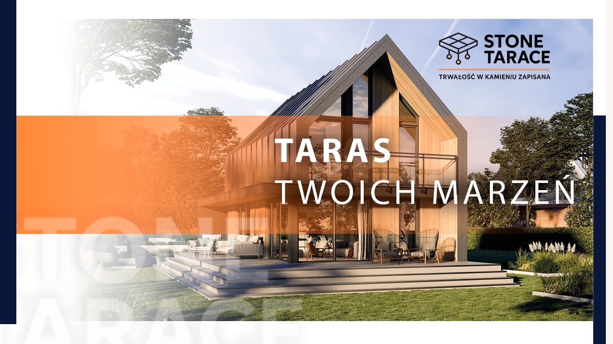 Nowoczesny taras z domu w stylu stodoły, z jasną elewacją i szklanymi balustradami, otoczony zielenią. Widoczny napis 'Taras Twoich Marzeń'.