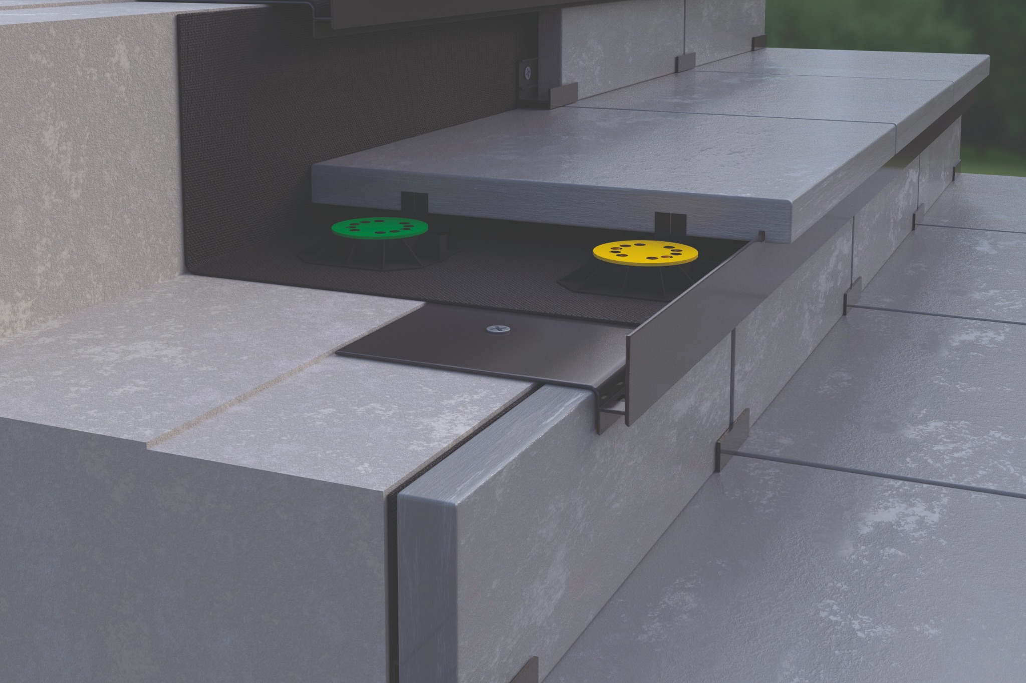 Szczegółowe ujęcie tarasu na regulowanych wspornikach z płytami w odcieniach szarości i czarnymi obrzeżami. Widoczne elementy izolacji i podkonstrukcji.