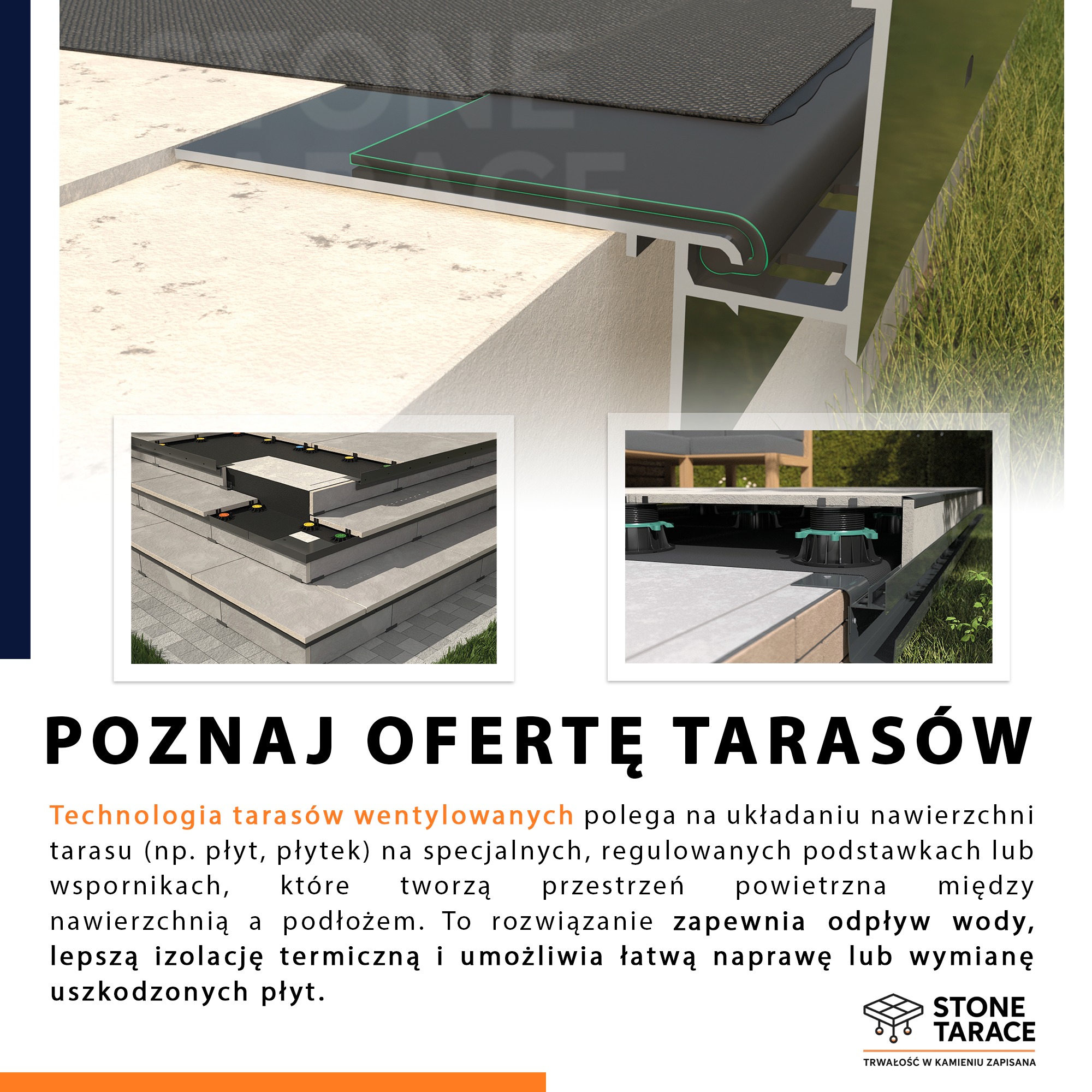 Ilustracja technologii wentylowanych tarasów: przekrój warstw, regulowane wsporniki, przestrzeń powietrzna. Detal konstrukcyjny, nowoczesne rozwiązanie.