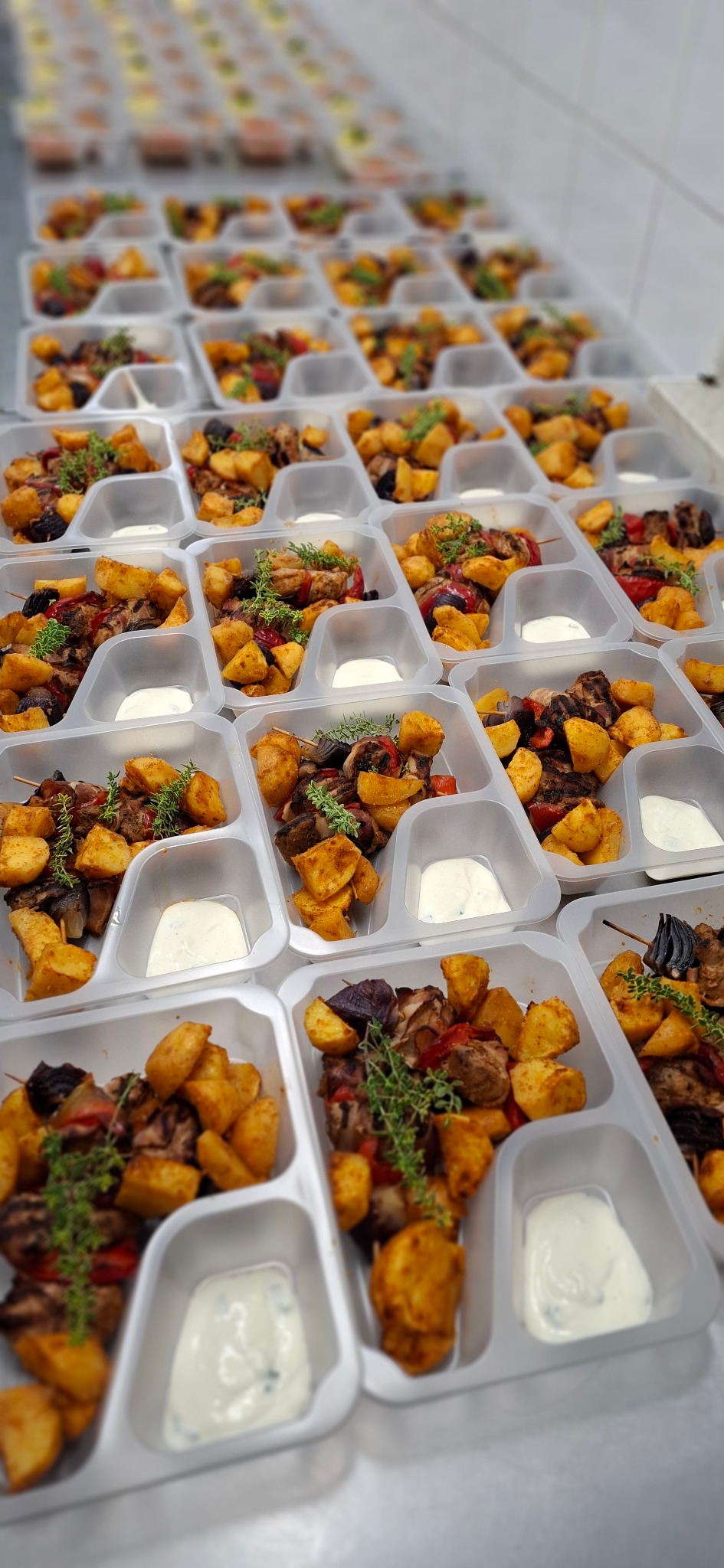 Rzędy porcji cateringu dietetycznego w plastikowych pojemnikach: szaszłyki z warzywami i ziemniakami, sos. Dekoracja z ziół. Przygotowane do wydania.