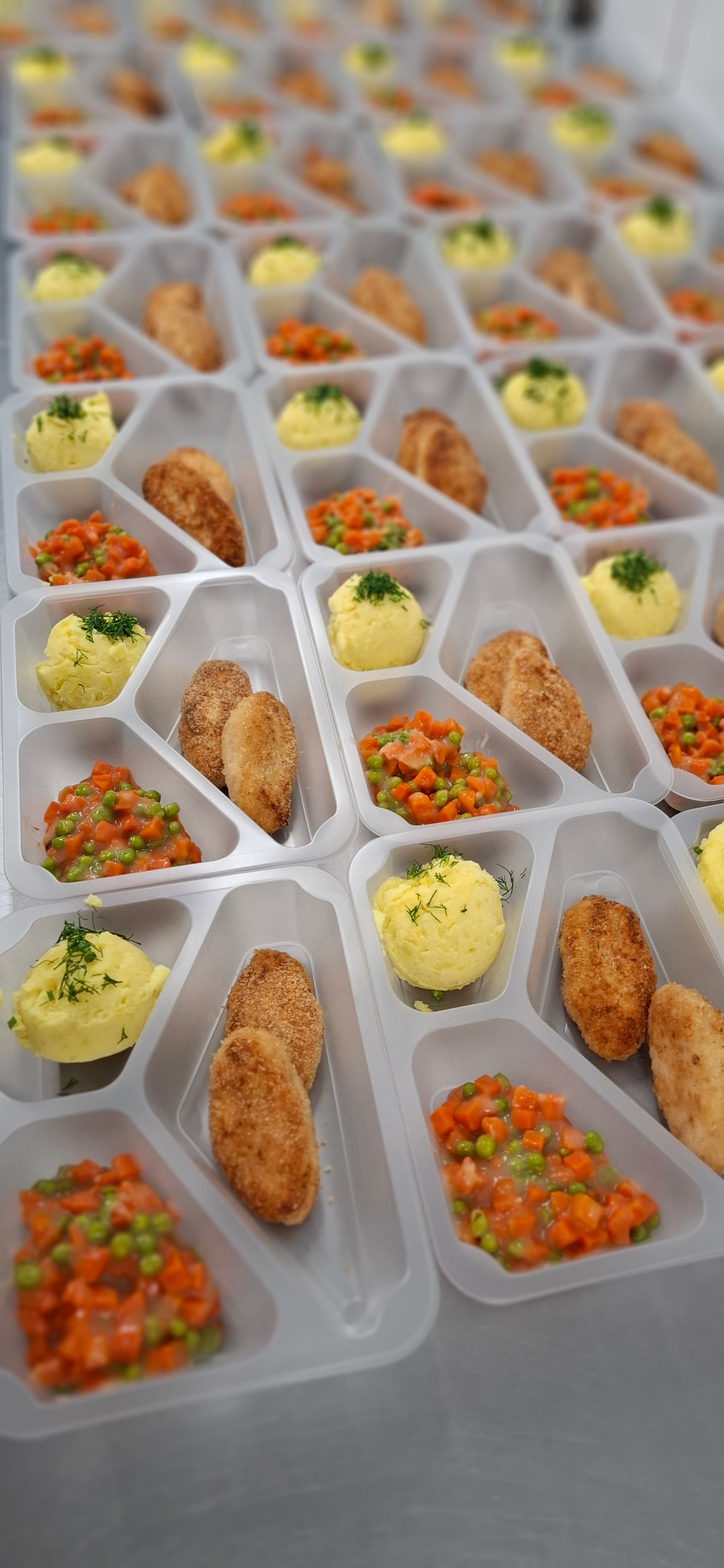 Dania w plastikowych pojemnikach cateringowych: kotlety, puree i warzywa. Przygotowane porcje w rzędach, z bliska, oświetlone jasnym światłem.