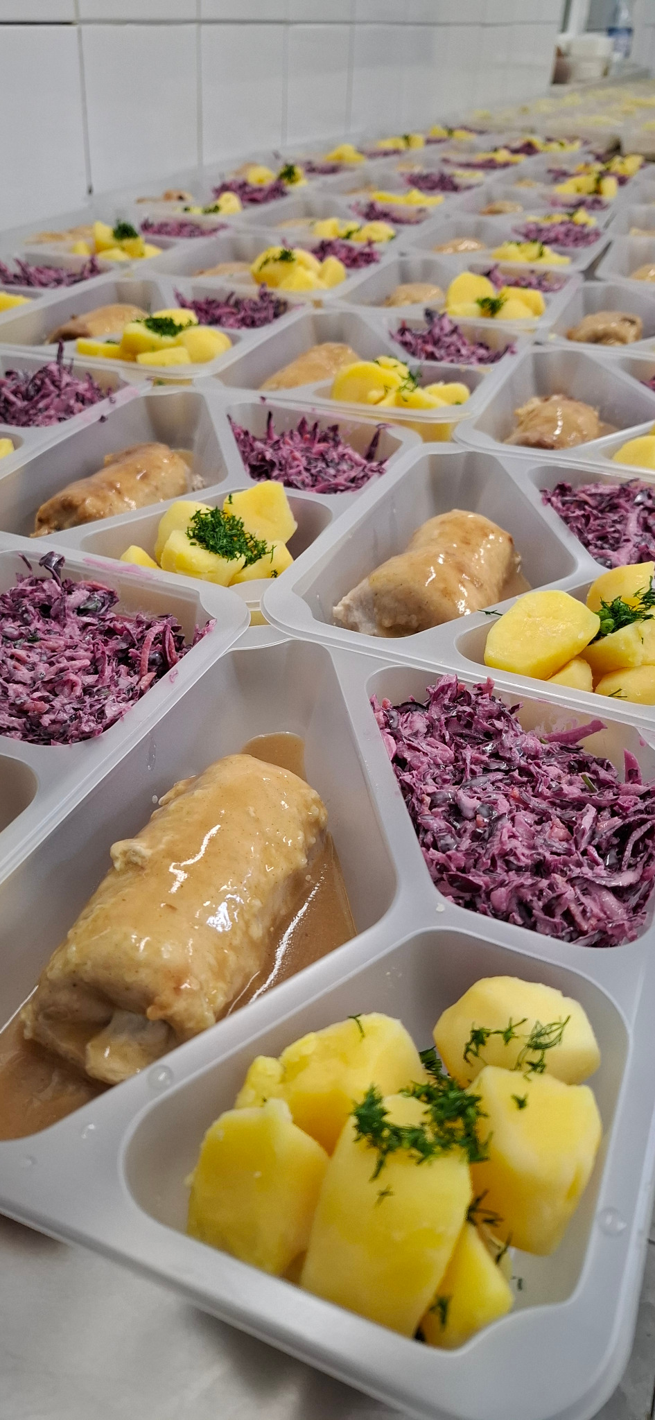 Porcje rolad z sosem, ziemniaków i surówki z czerwonej kapusty w plastikowych pojemnikach. Gotowe dania cateringowe, ułożone w rzędach na stole.