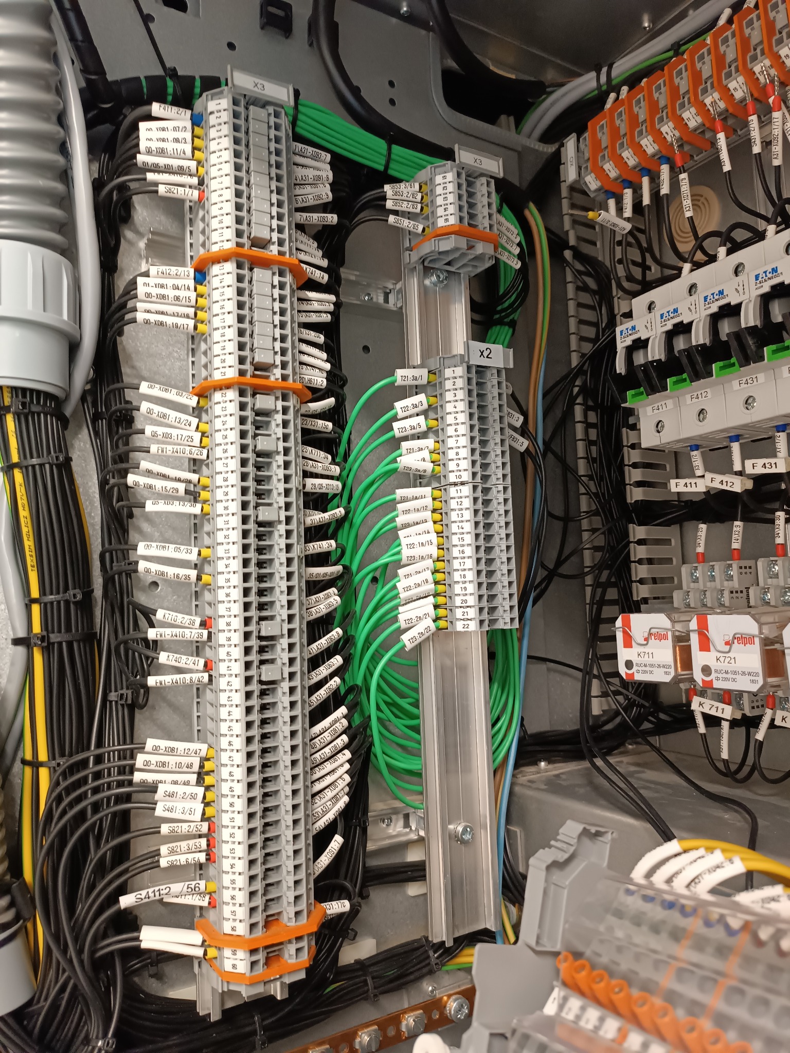 Rozdzielnica elektryczna z precyzyjnie oznaczonymi przewodami i listwami zaciskowymi, widoczne kable w kolorach zielonym, czarnym i żółtym, z bliska.