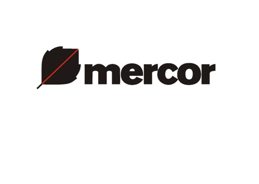 Logo firmy Mercor: czarny liść z czerwoną linią i czarny napis 'mercor' na białym tle. Minimalistyczny design.