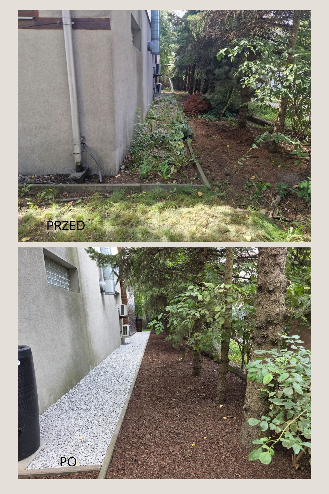 Oczyszczony pas ziemi wzdłuż budynku, widok przed i po: zaniedbana zieleń kontra wysypany żwir i kora, schludne obrzeże.