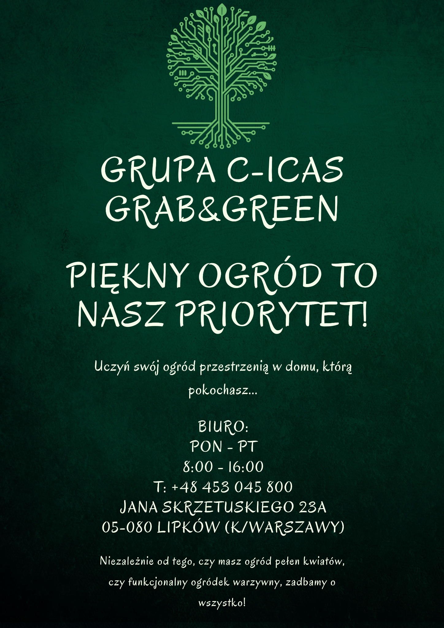Grafika firmy ogrodniczej z Lipkowa: zielone drzewo z obwodów drukowanych, nazwa firmy i hasło 'Piękny ogród to nasz priorytet!' na ciemnozielonym tle.