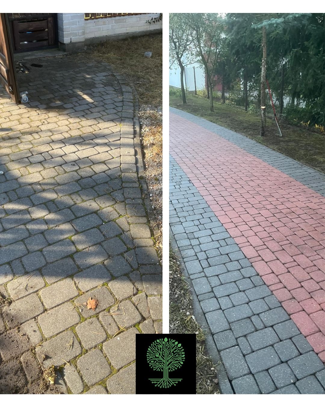 Zdjęcie 'przed i po' czyszczenia kostki brukowej: zaniedbana, szara kostka z mchem vs. świeża, czerwono-szara, czysta nawierzchnia z wyraźnym wzorem.
