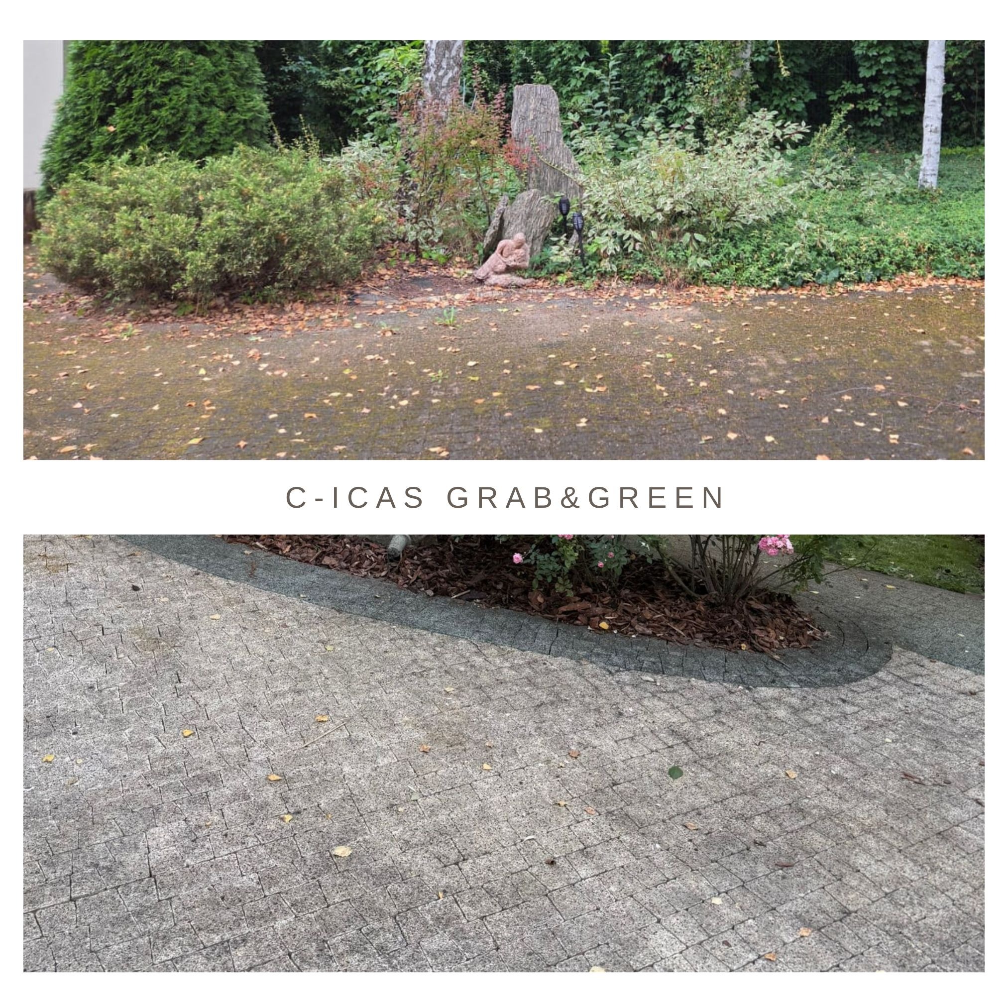 Dwa ujęcia: zadbana zieleń z rzeźbą ogrodową i czysta kostka brukowa z rabatą, oddzielone tekstem 'C-ICAS GRAB&GREEN'. Połyskliwa nawierzchnia po deszczu.