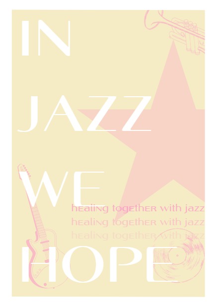 Grafika w pastelowych odcieniach z motywem jazzu: trąbka, gitara, płyta winylowa i napis 'In Jazz We Hope'. Subtelne, artystyczne tło, idealne dla miłośników muzyki.