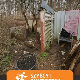 Roman Pudelko - Zarośnięty teren z elementami zabudowy przed opróżnianiem. Widoczny gruz, stare meble i zarośla. Na pierwszym planie donica z ziemią.