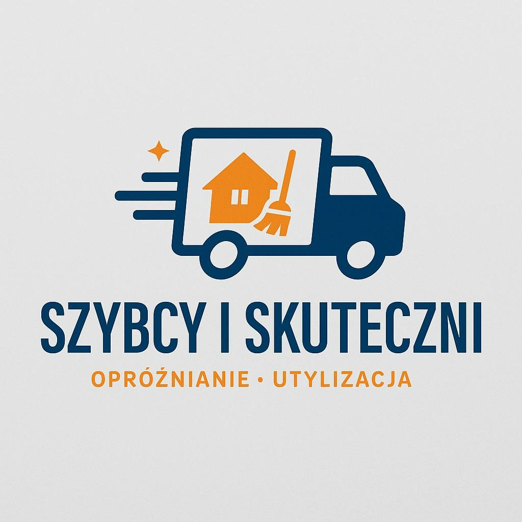 Grafika: granatowy samochód z domem i miotłą, hasło 'Szybcy i Skuteczni', usługa opróżniania i utylizacji na jasnoszarym tle. Dynamiczne linie sugerują szybkość.