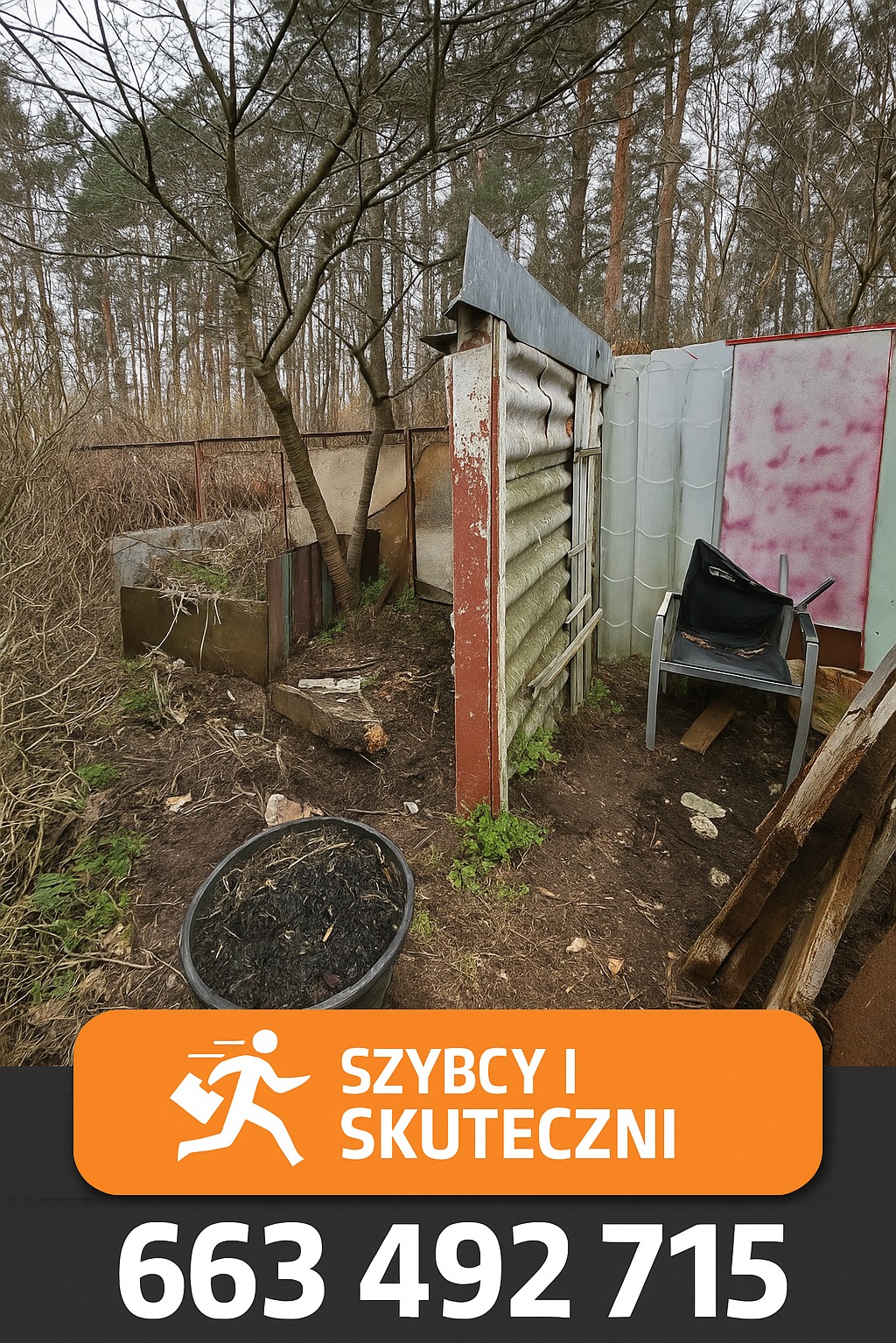 Zarośnięty teren z elementami zabudowy przed opróżnianiem. Widoczny gruz, stare meble i zarośla. Na pierwszym planie donica z ziemią.