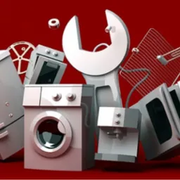 Grafika 3D prezentuje sprzęt AGD (pralka, lodówka, piekarnik) i narzędzie (klucz) na czerwonym tle, sugerując serwis i naprawę urządzeń gospodarstwa domowego.