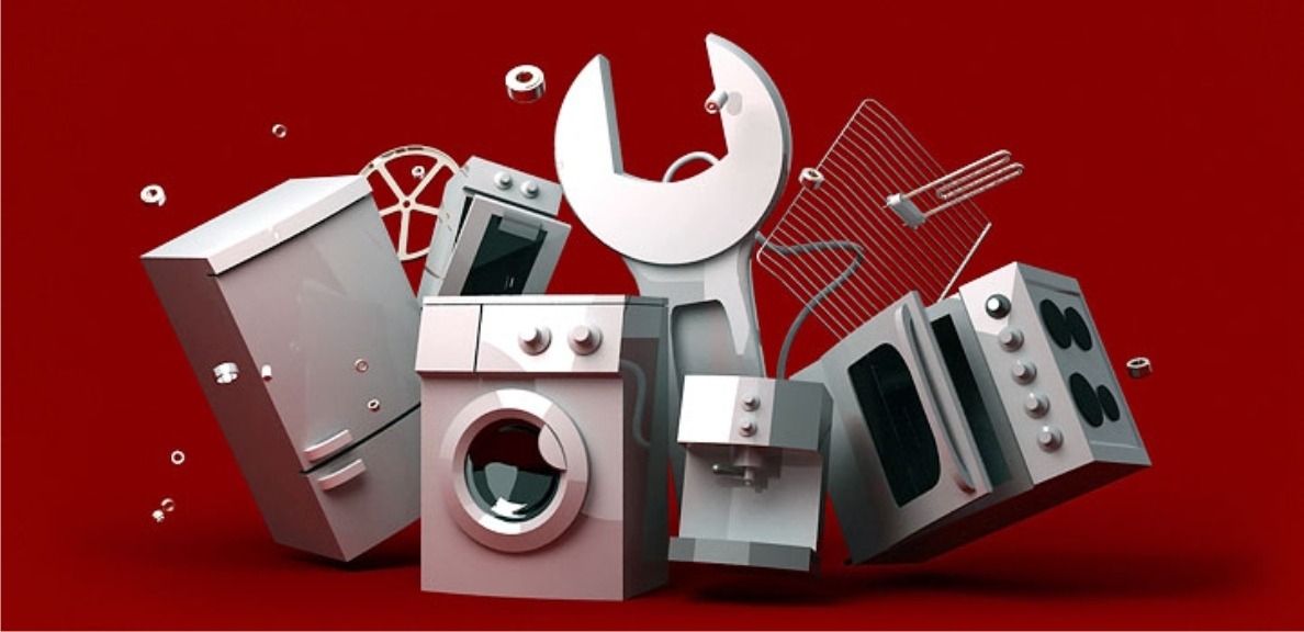 Grafika 3D prezentuje sprzęt AGD (pralka, lodówka, piekarnik) i narzędzie (klucz) na czerwonym tle, sugerując serwis i naprawę urządzeń gospodarstwa domowego.