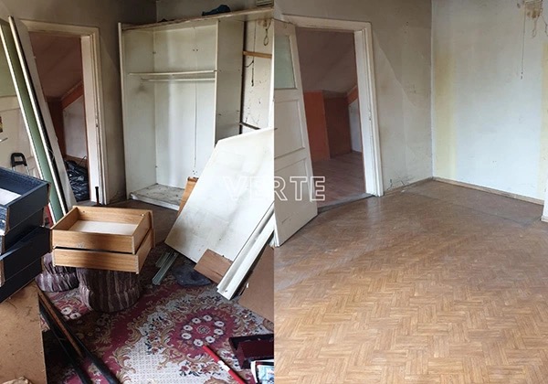 Zdjęcie 'przed i po' ukazujące pokój: po lewej zagracony z rozmontowanymi meblami, dywanem, po prawej wysprzątany, z parkietem i pustymi ścianami.