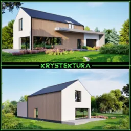 Wizualizacja nowoczesnego domu jednorodzinnego z elementami drewna, otoczonego zielenią. Na trawniku widoczny kot. Ujęcie z dwóch perspektyw.