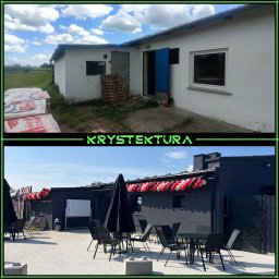 Krystektura KRYSTYNA GLAPIŃSKA-JAMNY - Zdjęcie 'przed i po' prezentujące metamorfozę budynku: kurnik przekształcony w nowoczesną strzelnicę z kawiarnią. Widoczna zmiana elewacji, otoczenia i zagospodarowania terenu.