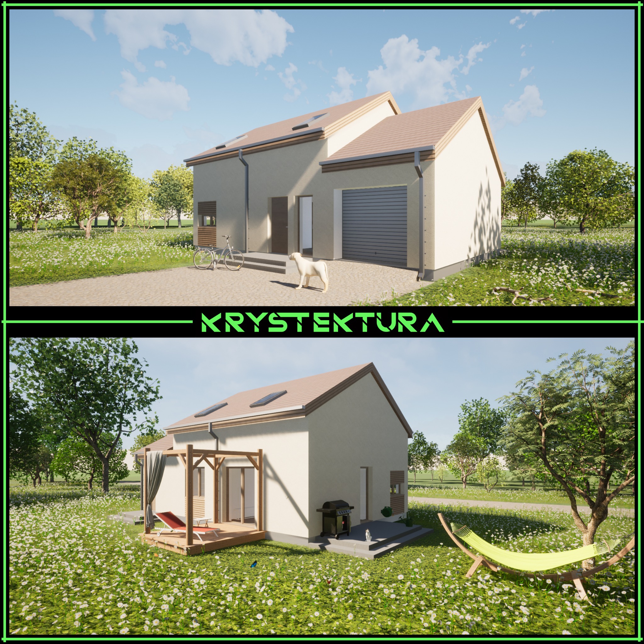 Wizualizacja letniskowego domu z garażem, z tarasem i hamakiem w ogrodzie pełnym kwitnących kwiatów. Uwagę przykuwa pies na podjeździe i rower oparty o ścianę.