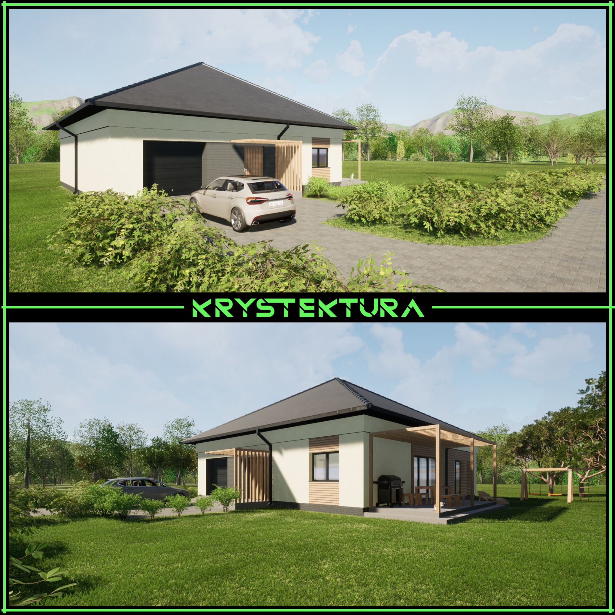 Wizualizacja parterowego domu z poddaszem nieużytkowym, z garażem i tarasem z grillem, otoczonego zielenią. Ujęcie z dwóch perspektyw, z przodu i z tyłu budynku.