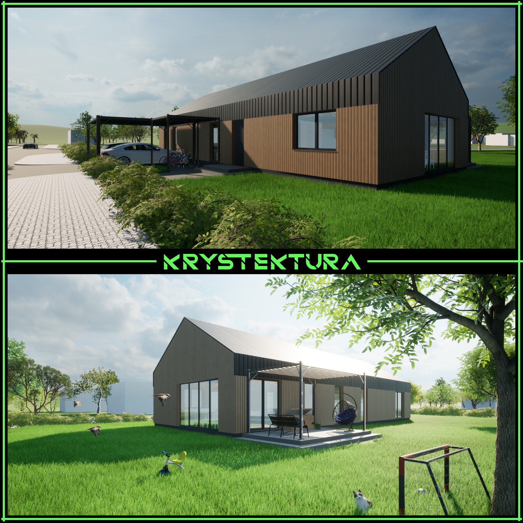 Wizualizacja parterowego domu w stylu stodoły z elewacją z paneli, pergola, samochód i rowery na podjeździe, ogród z tyłu. Dwie perspektywy z logotypem firmy.