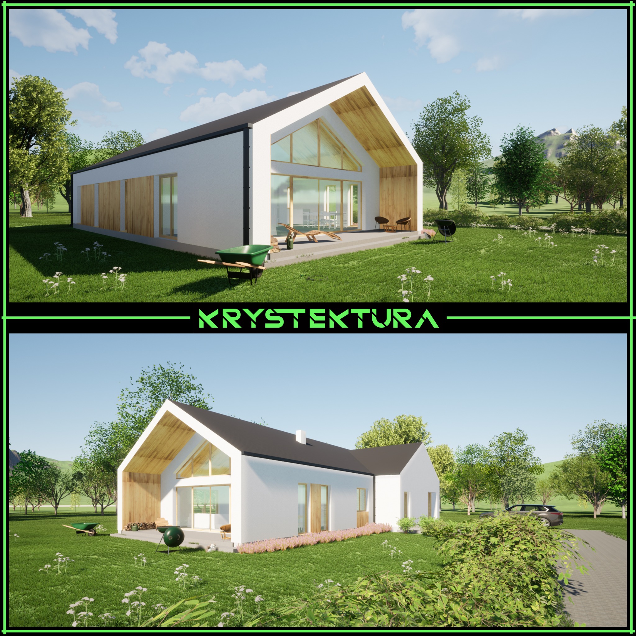 Wizualizacja nowoczesnego domu jednorodzinnego z białymi ścianami, drewnianymi elementami elewacji i dużymi przeszkleniami, otoczonego zielonym ogrodem z drzewami.