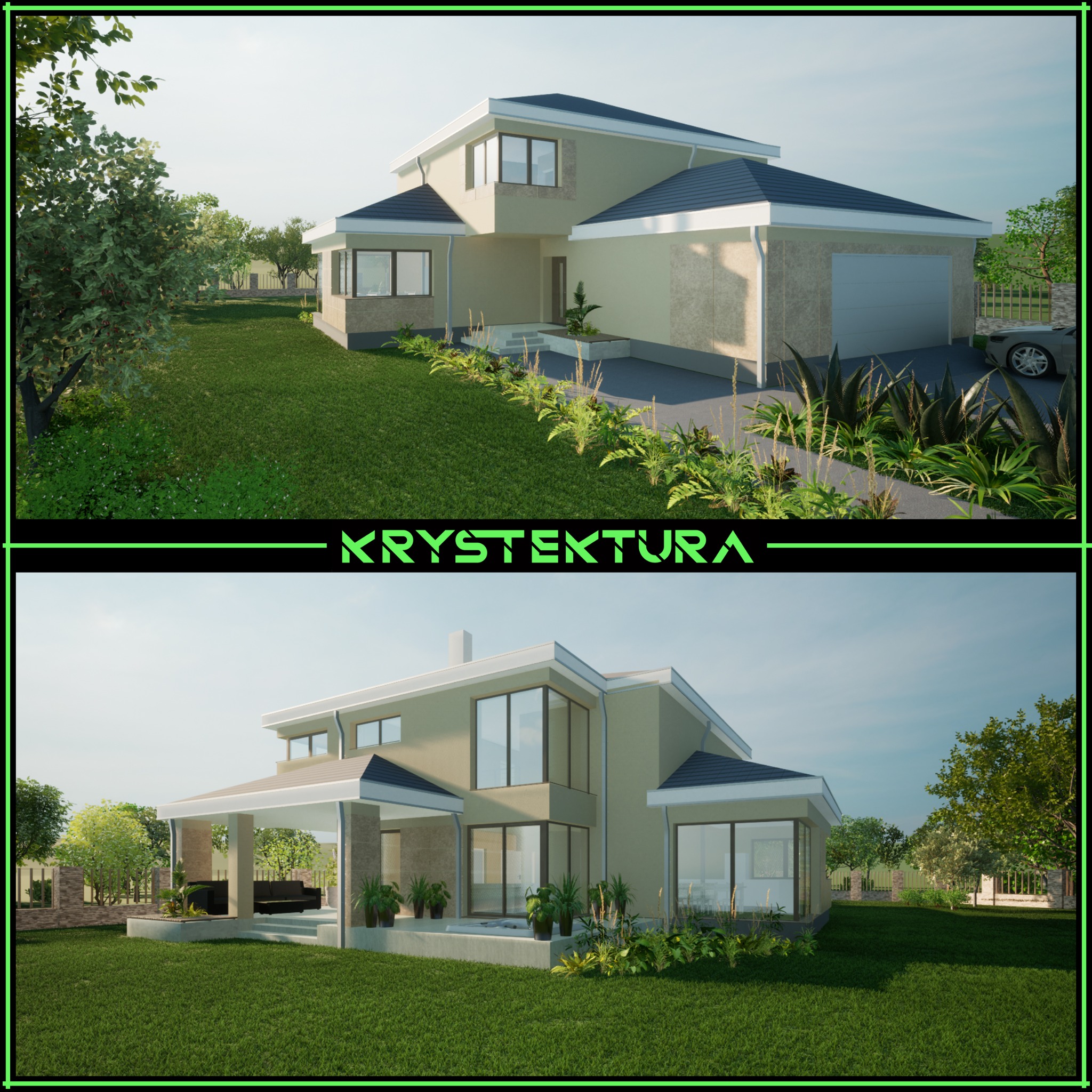 Wizualizacja 3D nowoczesnego domu jednorodzinnego we Wrocławiu, z garażem i dużymi oknami, otoczonego zielenią. Dwa ujęcia prezentują bryłę z różnych perspektyw.
