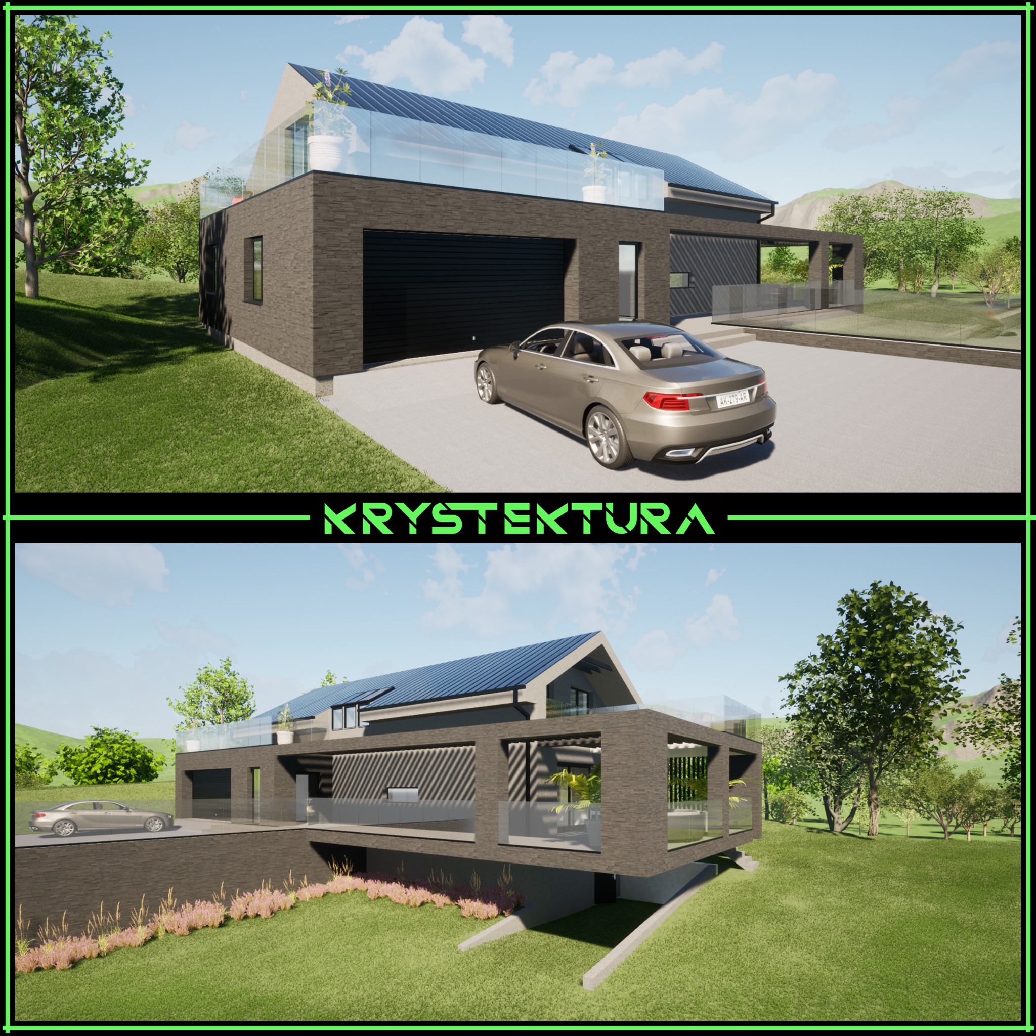Wizualizacja dwukondygnacyjnego domu z garażem i tarasem na dachu, otoczonego zielenią i samochodem. Nowoczesna bryła z elementami szkła i ciemnej cegły.