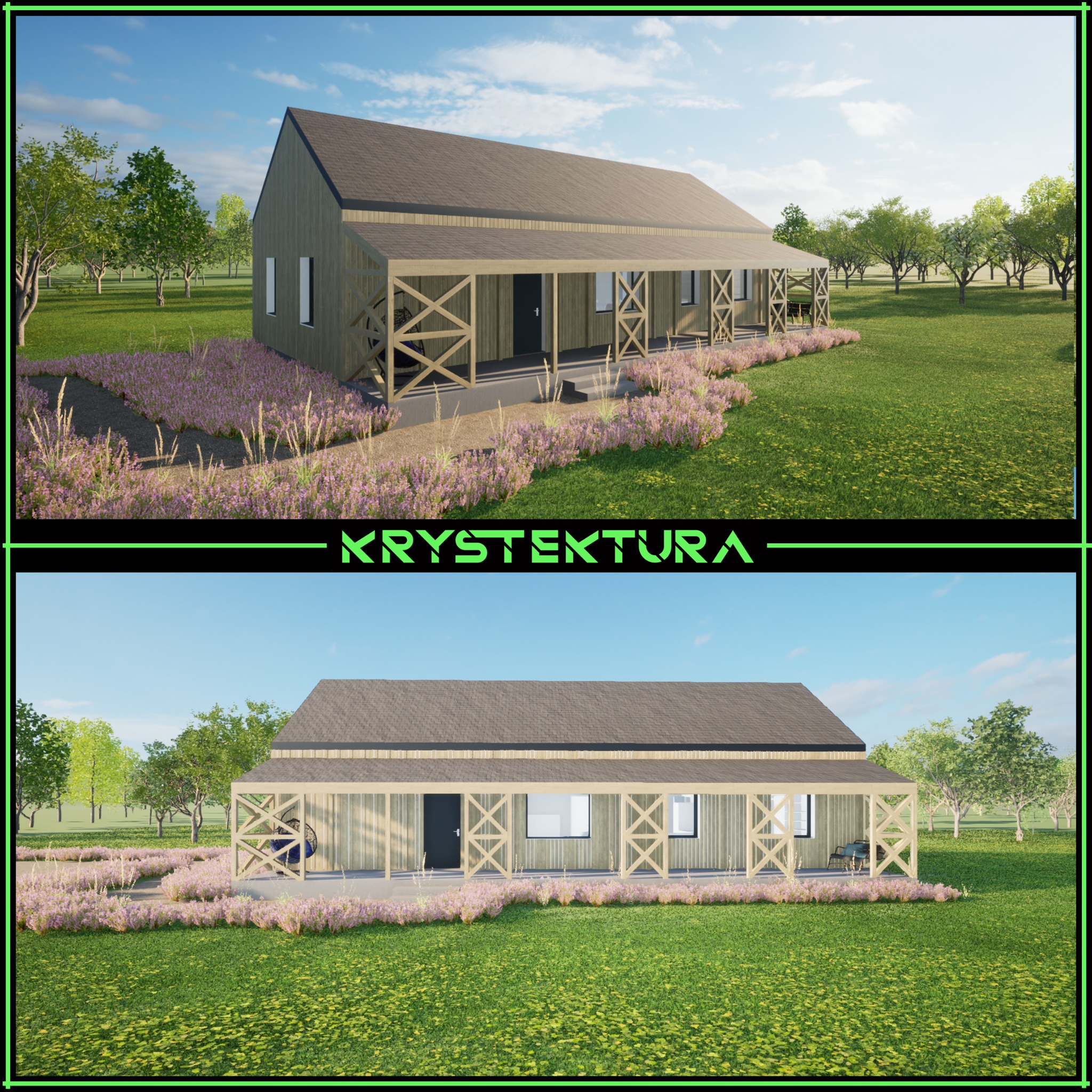 Wizualizacja domu letniskowego w stylu wiejskim z drewnianą werandą i dekoracyjnymi kwiatami, prezentowana w dwóch ujęciach z logo firmy na środku.