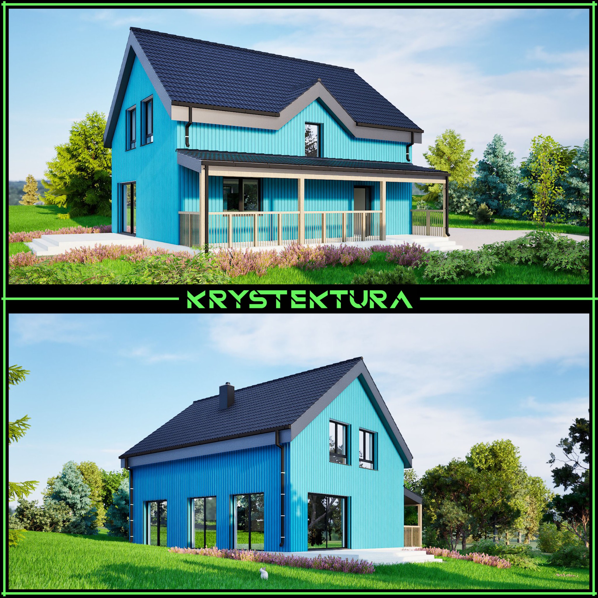 Wizualizacja dwukondygnacyjnego domu z niebieską elewacją, ciemnym dachem i zadaszonym tarasem. Dom otoczony zielenią i kwiatami, prezentowany z dwóch perspektyw.