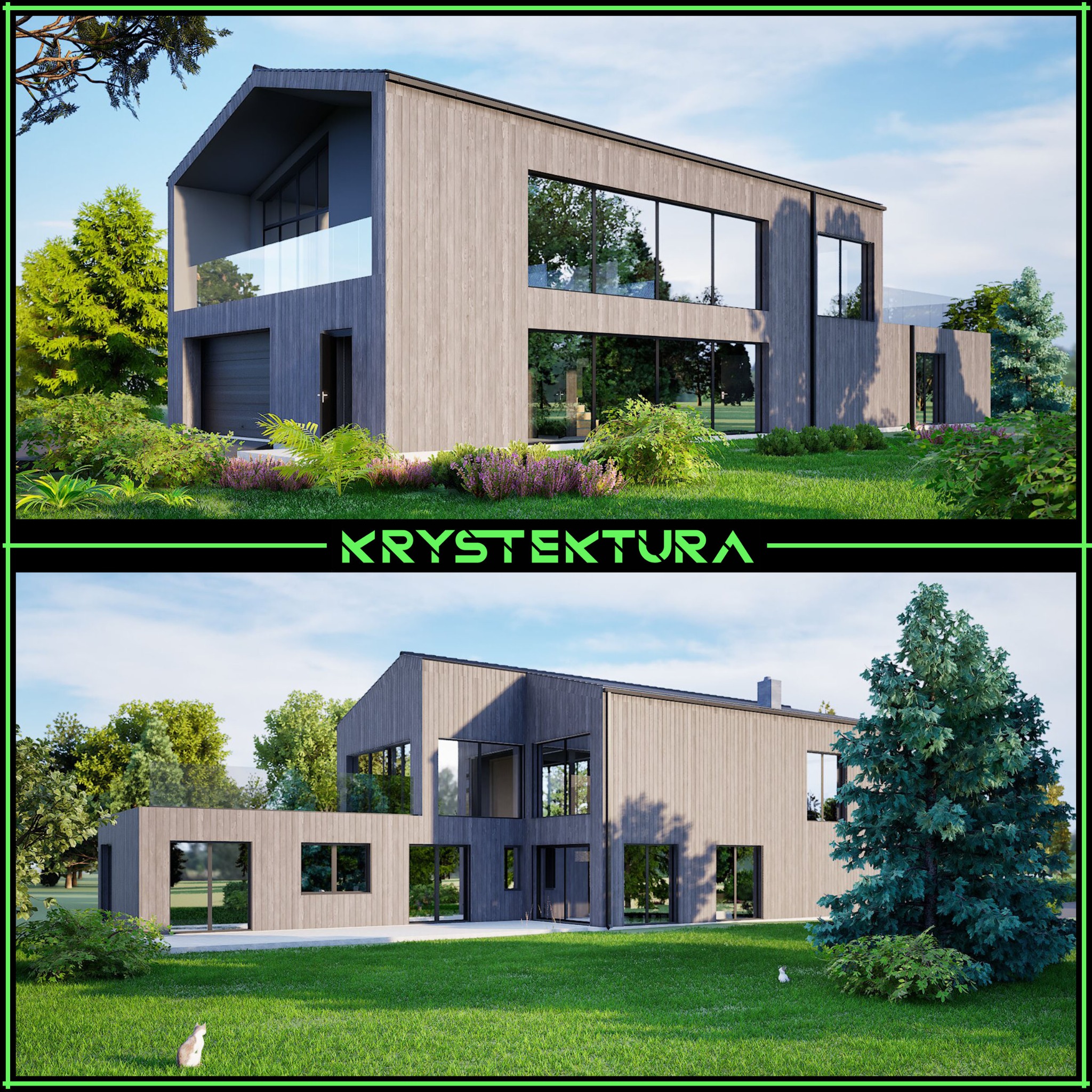 Wizualizacja domu jednorodzinnego z drewnianą elewacją, dużymi oknami i balkonem z szklaną balustradą. Ujęcie z dwóch perspektyw, otoczenie zieleni.